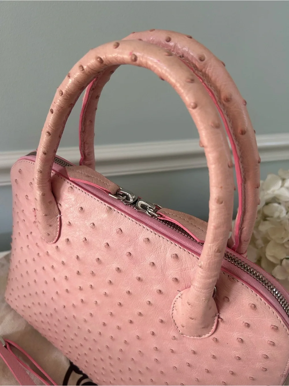 Pink Genuine Ostrich Leather LaNae Exotic  Satchel Tassel and Crossbody Strap